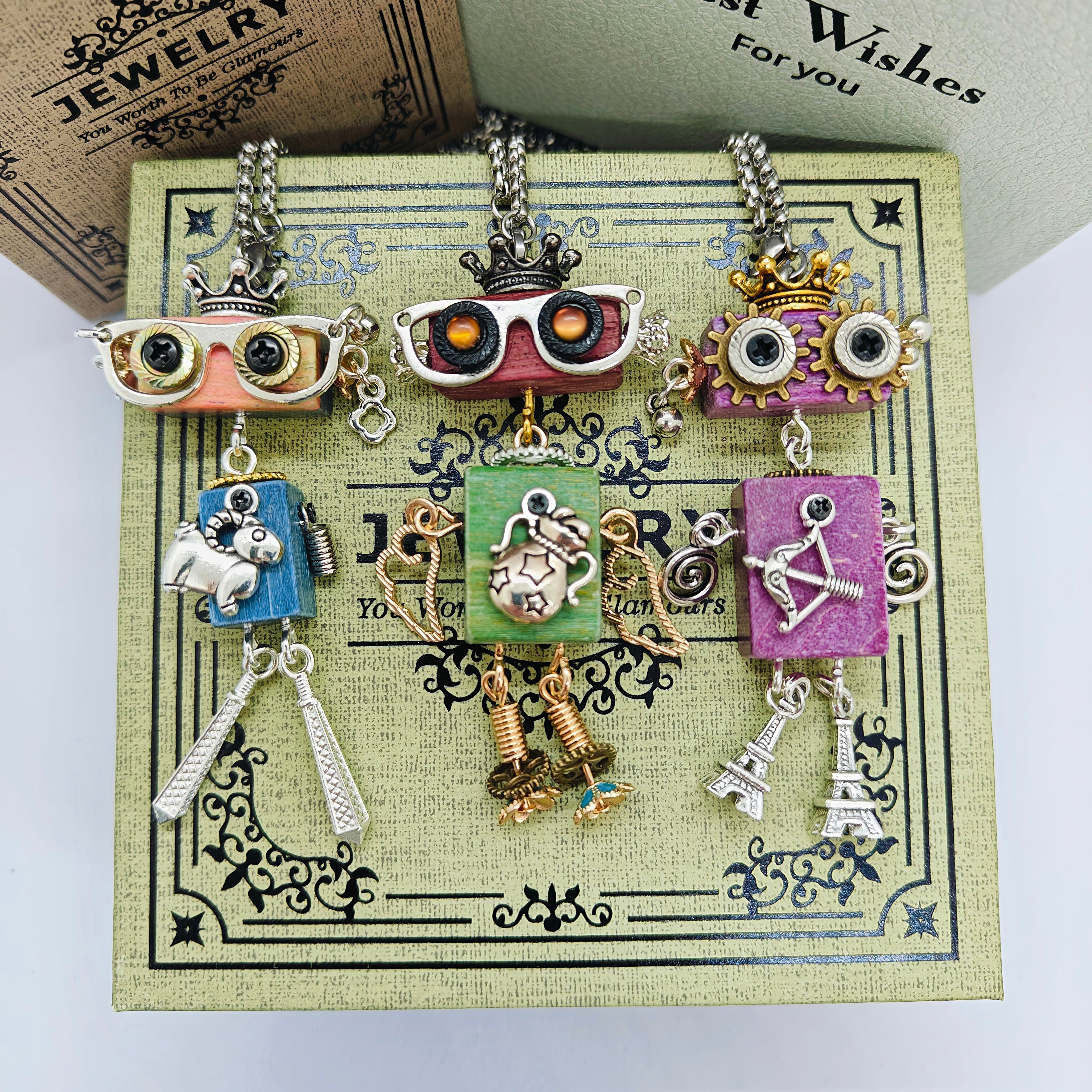 Handmade 12 Zodiac Robot Necklace Pendants, Keychains, and