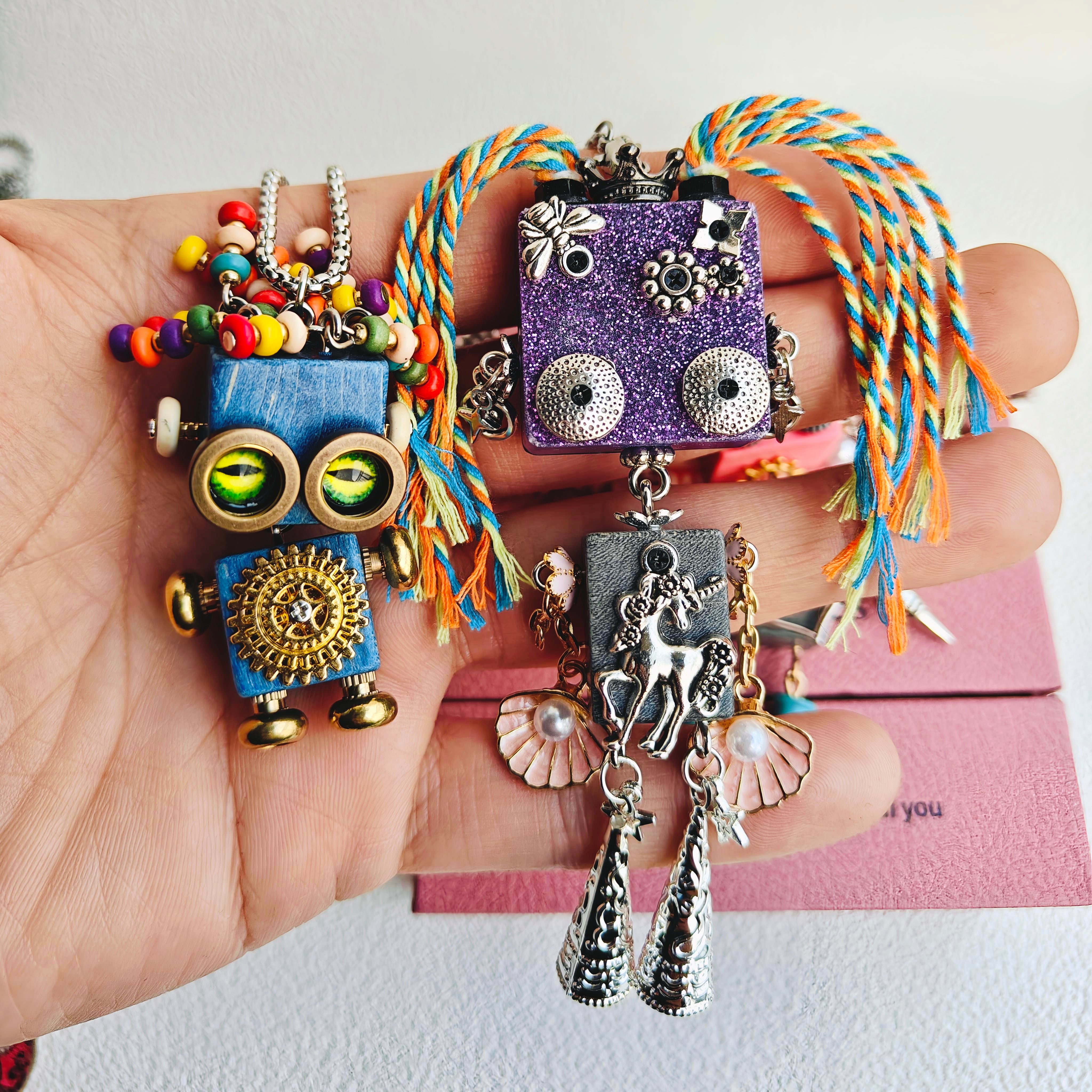 Handmade Wooden Punk Robot Necklace Pendant key chains backpack