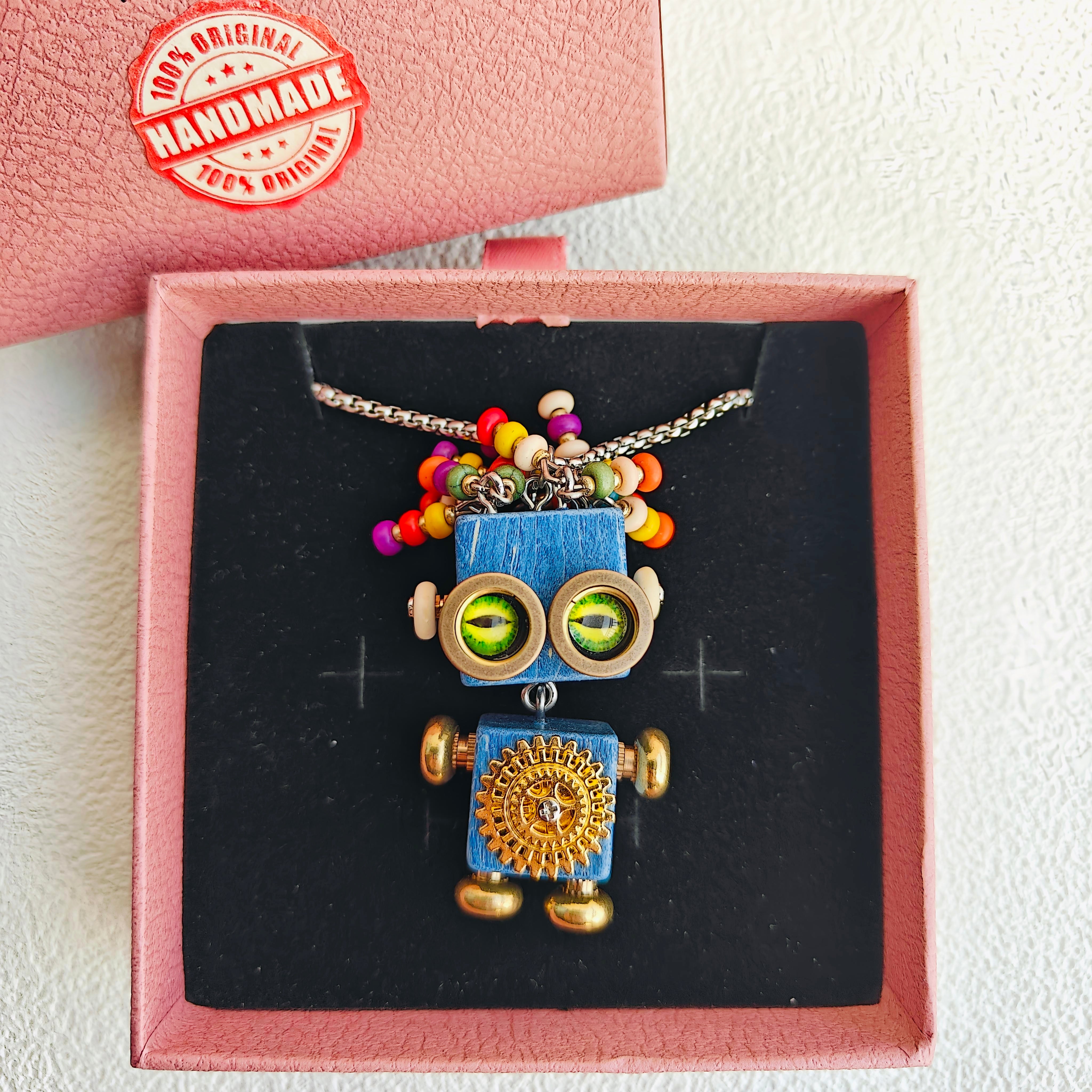 Handmade Wooden Punk Robot Necklace Pendant key chains backpack